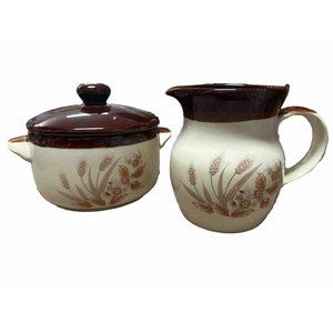 Vintage Cream & Brown Wheat Design  Ceramic Pitcher And Pot Made in Japan